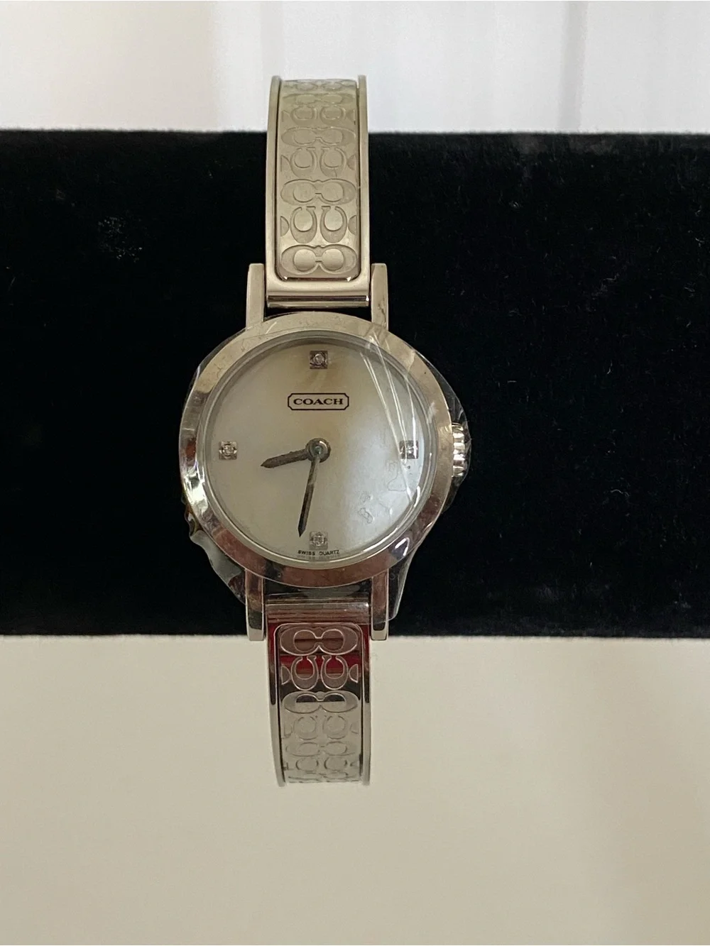 Coach Signature 0277 Silver Bangle Watch with Crystals and Mother-of-Pearl Dial
